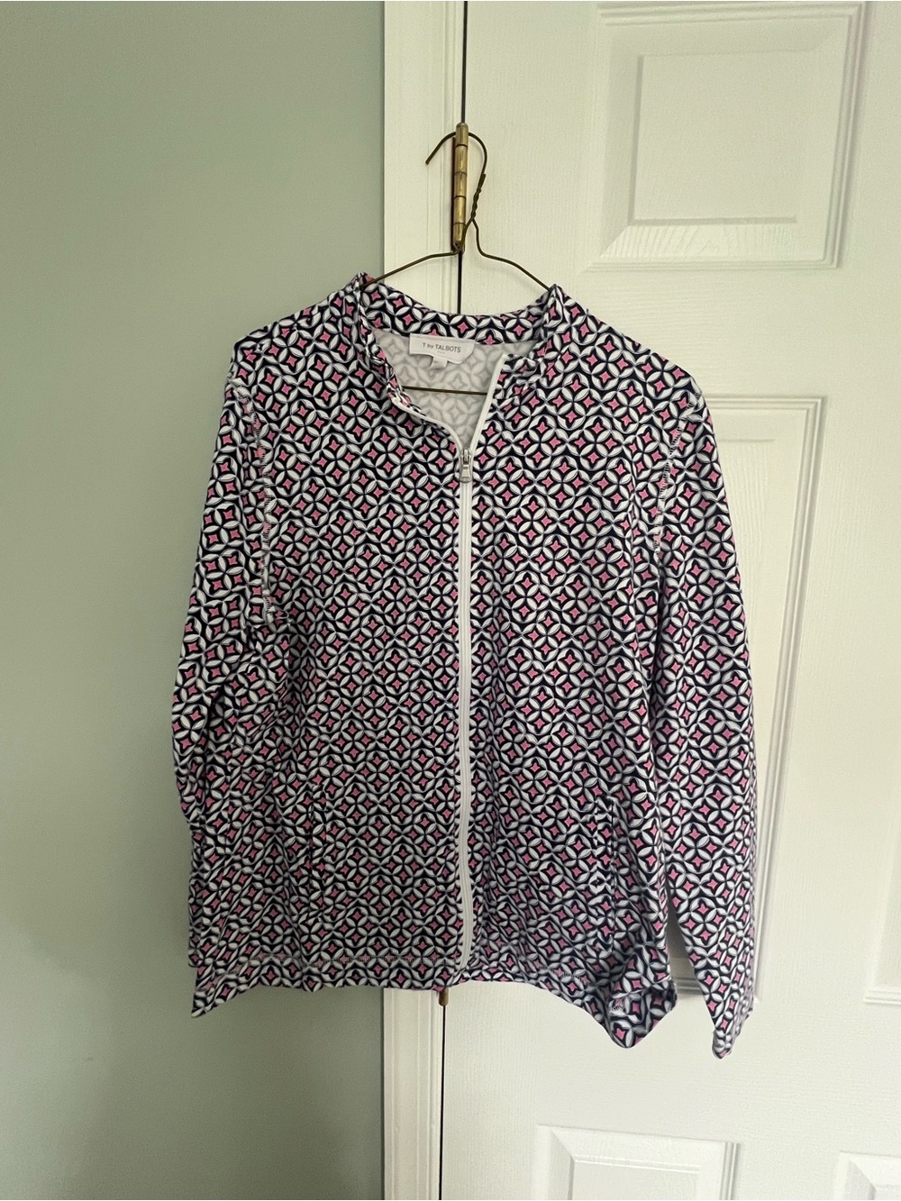 Talbots Navy Pink Geometric Zip Jacket
